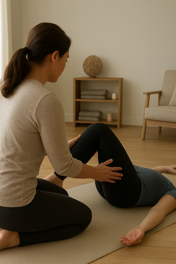Yoga therapist assisting a client in a professional, friendly studio setting